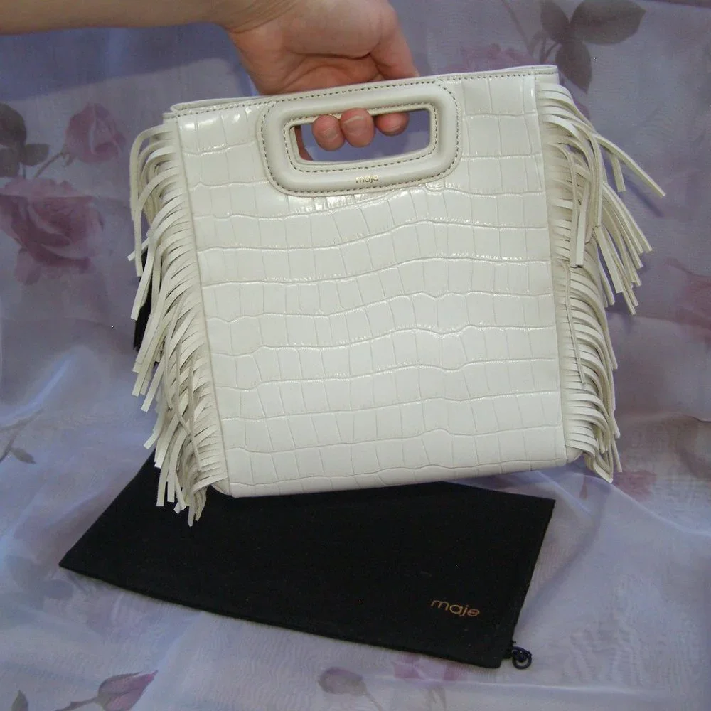 🍦 NWT $360 Maje Ecru Vanilla Leather Croco Fringe Handbag Clutch